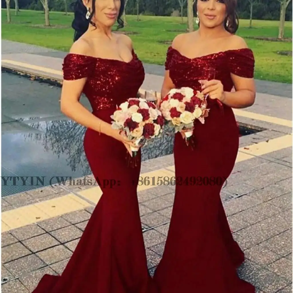 

Burgundy Mermaid Bridesmaid Dresses Off the Shoulder Women Trumpet Long Prom Dress Wedding Party Gown