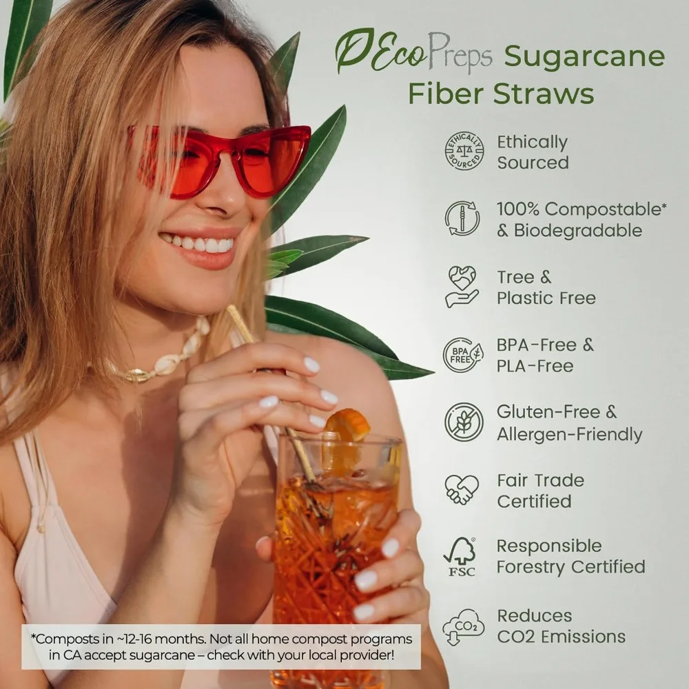 Eco-Friendly Sugarcane Straws, 150 Pack, Compostable & Plastic-Free, 7.8 Inch