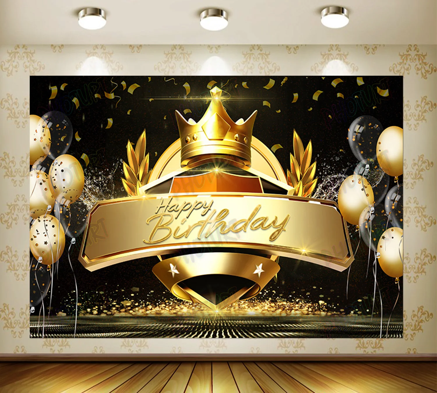 PHOTURT Golden Royal Crown Backdrop Kids Birthday Party Background Glitter Balloon Black Photography Banner Decorate Props