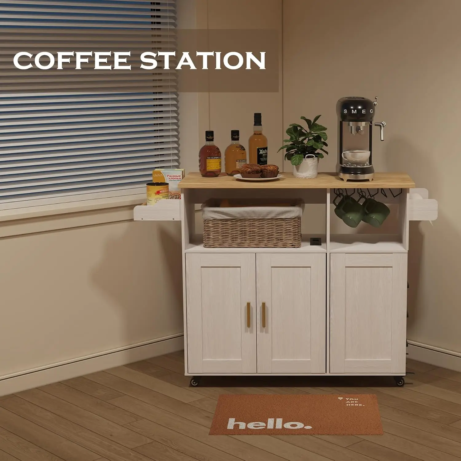 Rolling Kitchen Island with Storage, Drop Leaf & Power Socket, Mobile Cart with Wheels, White, No Countertop, Customized