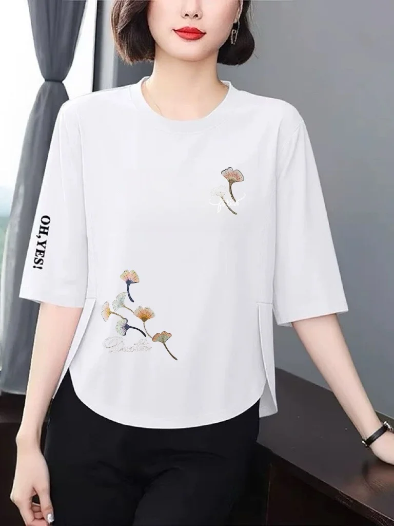 

Элегантная женская футболка свободного кроя с цветочным принтом, рукавом 3/4, повседневный топ, скрывающий живот, из дышащего полиэфирного волокна, с эффектом омоложения