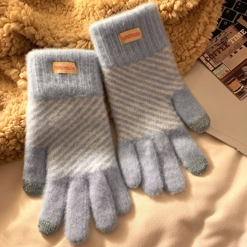 Polyester Fuzzy Striped Knitted Gloves Coldproof One Size Winter Touch Screen Gloves Warm Five Finger Thick Fleece Lined Gloves