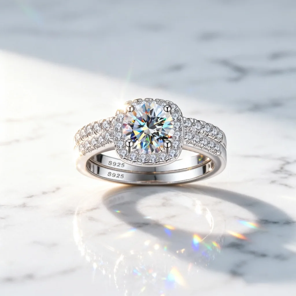 Hot selling 100% S925 silver ring, small cube sugar moissanite ring, double-layer layered high-end silver ring, wedding jewelry