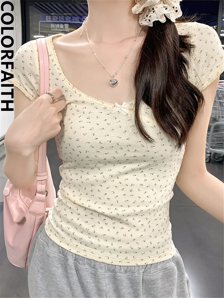 Colorfaith T1373 New 2024 Basic Floral Chic Wild Bottoming Korean Fashion Elegant Lady Women T-Shirts Spring Summer Short Tops