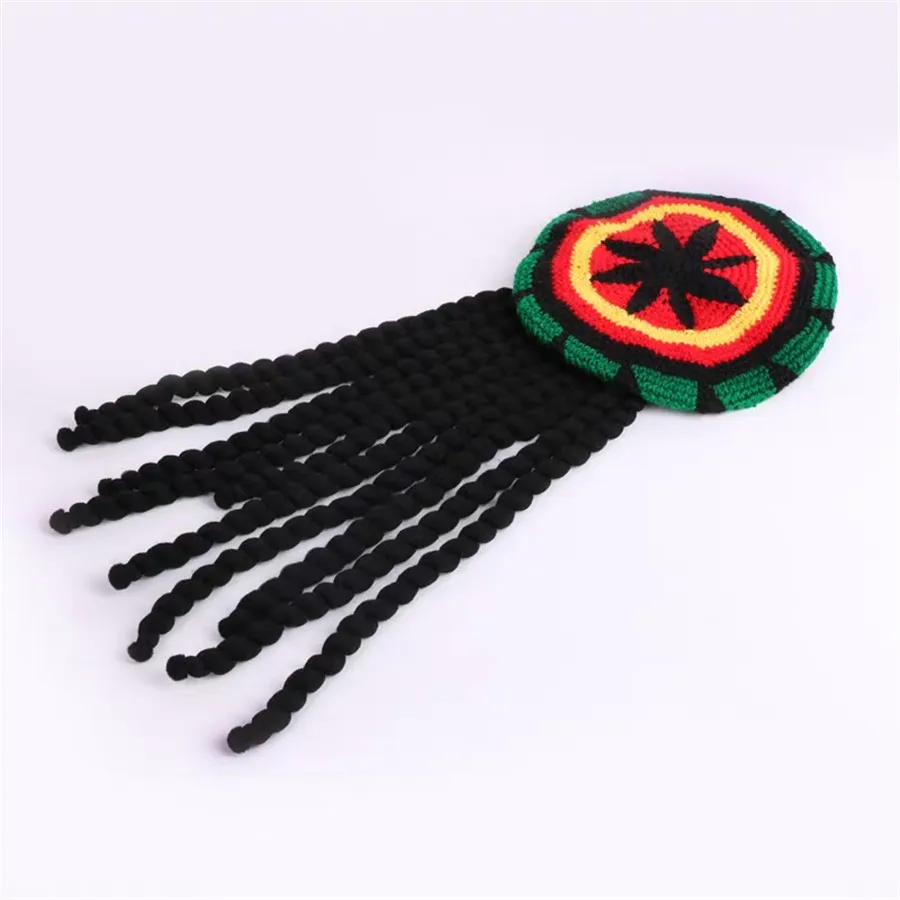 Men Wig Reggae Party Skullies Women Jamaican Rasta Hat with Dreadlocks Knit Striped Beanies Funny Cosplay Crochet Halloween Hat