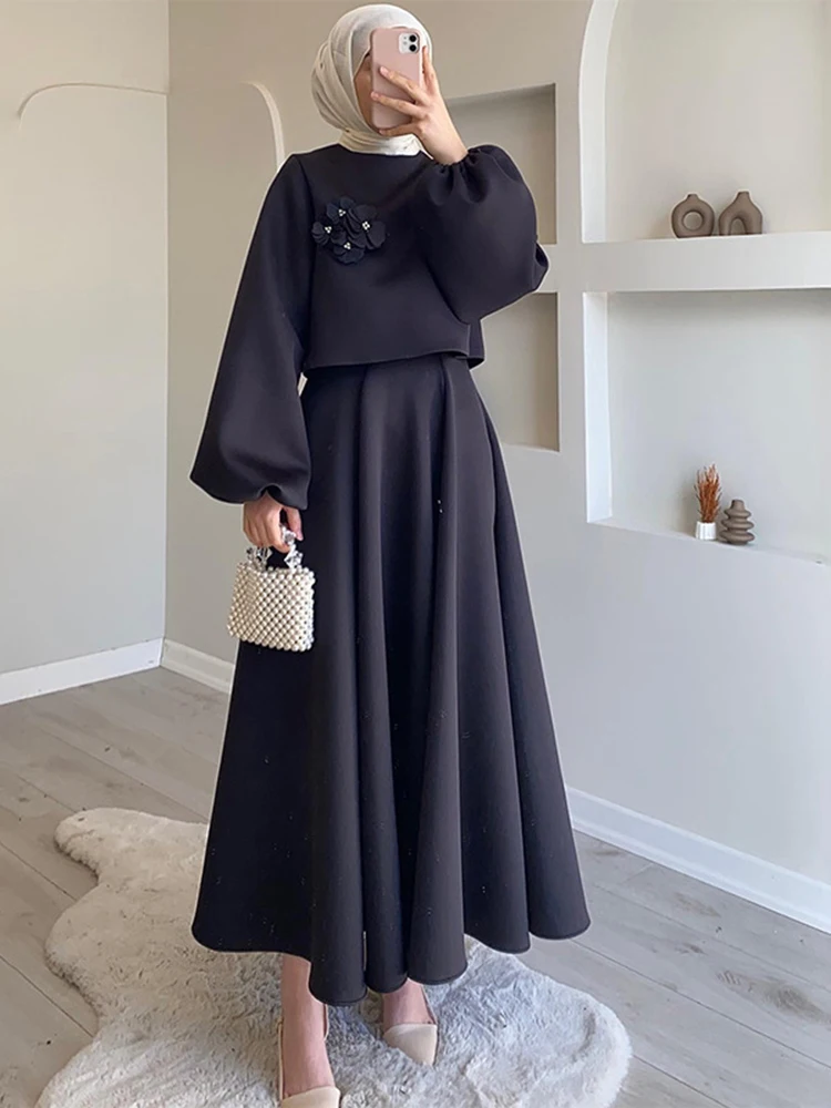 Elegant Muslim Suit Women Sets Fall 2023 Chic Two Pieces Set Solid Top and Long A-line Skirt