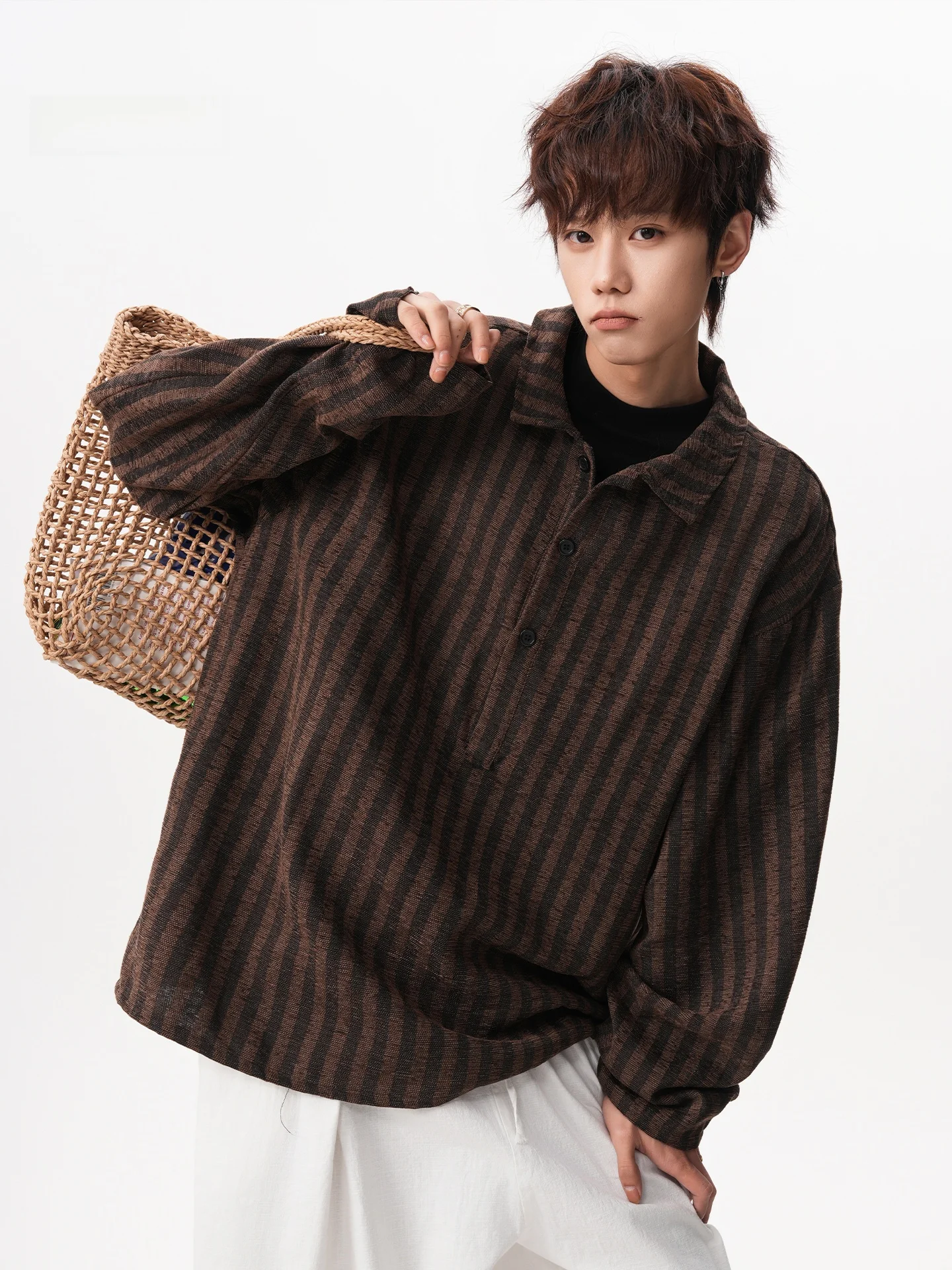 

American Retro Brown Striped Men's irt Casual Loose Fit Long Sve Top for Autumn Winter Ciwalk Youth Trend