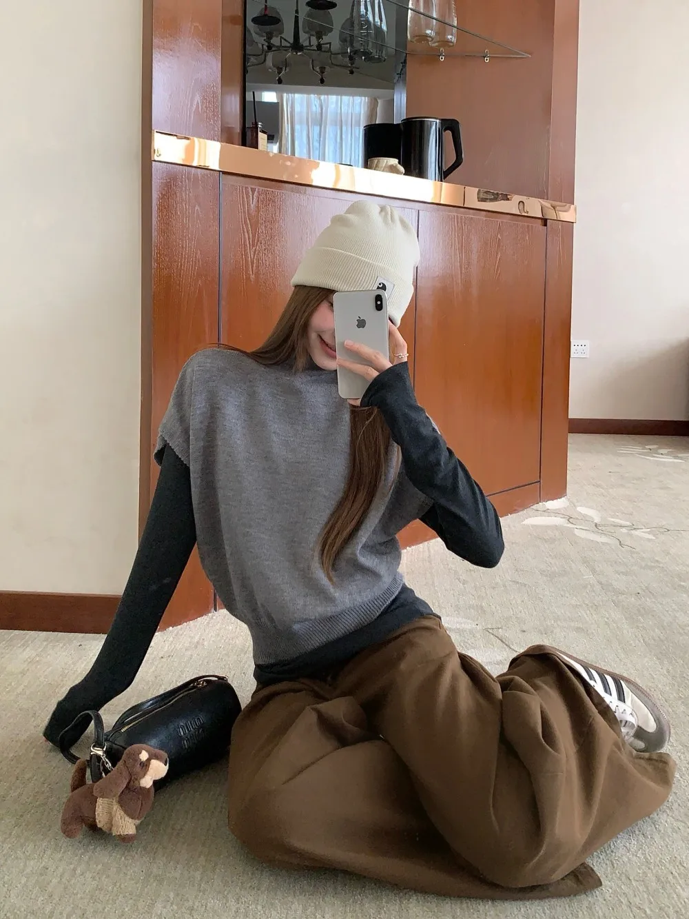 Ele conjunto de suéter e colete de malha solto ajuste longo sve ort sve outono inverno cor pura base irt feminino faion