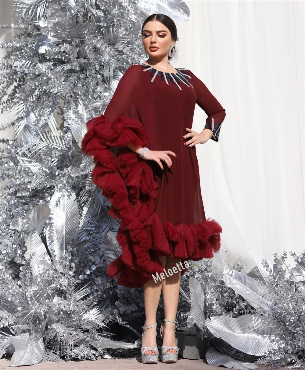 فستان سهرة مخصص للمرأة بأكمام طويلة ورقبة دائرية فساتين متوسطة الطول لامعة على شكل حرف A أنيقة للحفلات الراقصة