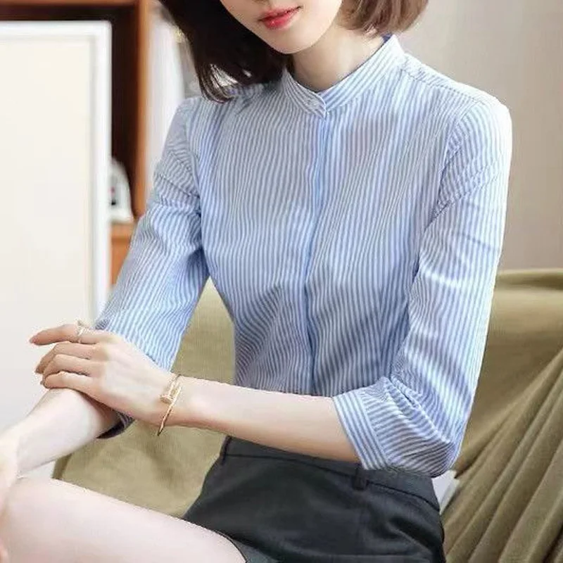 2023 New Spring and Autumn Commuter Simple Striped Standing Collar Anti Glare Snap Three Quarter and Long Sleeve Women\'s Shirt