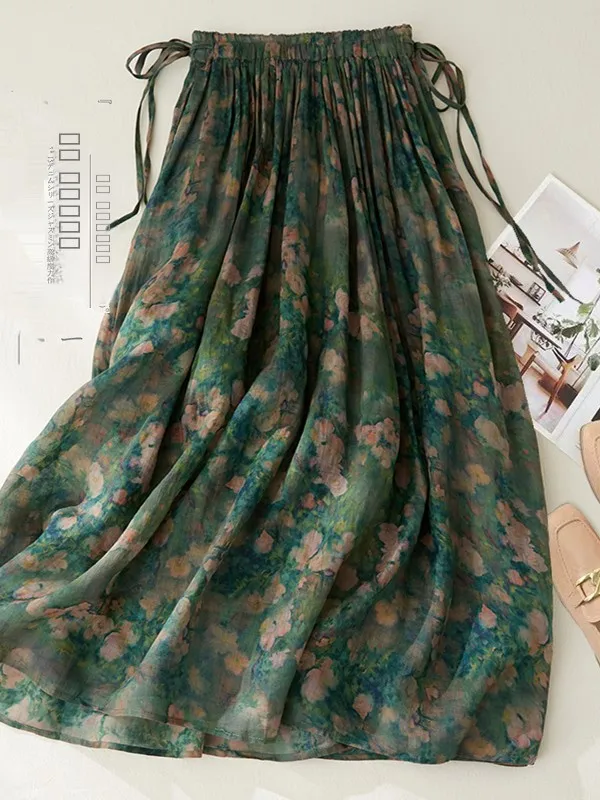 

Юбка миди А-силуэта с высокой талией, с цветочным принтом, макси-юбка для женщин, весна-лето-осень, для повседневной носки, высококачественная европейская мода