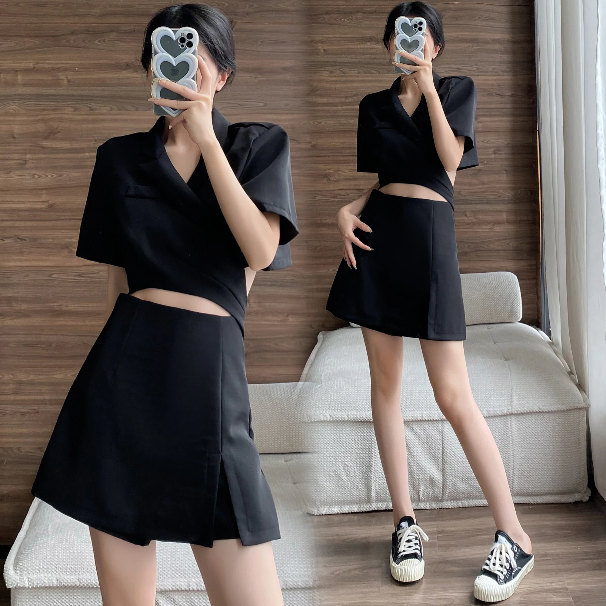 

Real Shot Black Short Blazer for Women High-Waist Slimming Fashion Slit Skirt Two-Piece Set Fashion High Quality Female Clothing