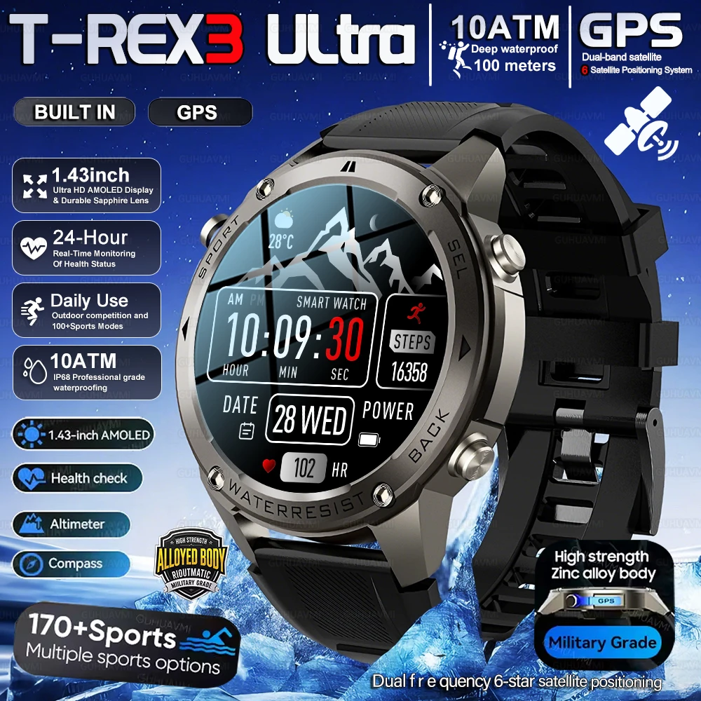 

2026New Miltary Grade Built in GPS Smart Watch Precise Positioning Compass 10ATM Waterproof 170+Sport Mode Swim Smart Watch Man