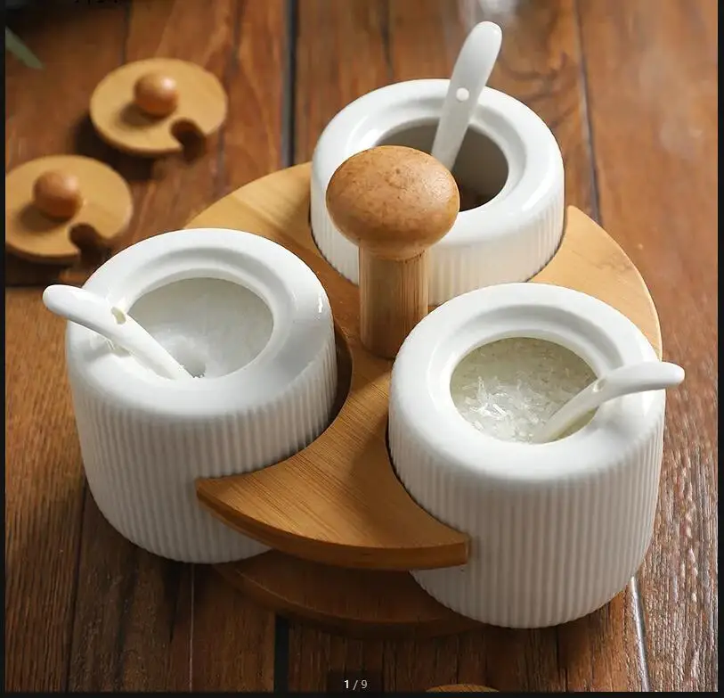 

Kitchen Supplies Ceramic Seasoning Pot Wooden Base Spice Jar Box Container Salt Shaker Sugar Bowl Bottle