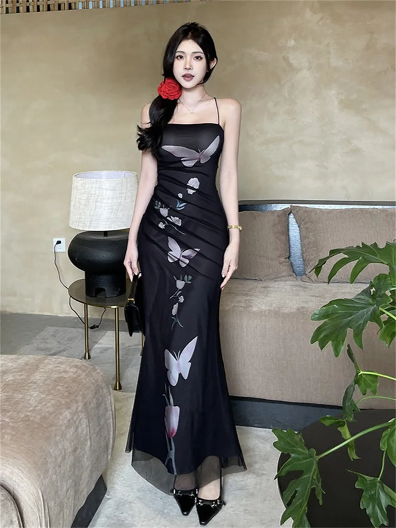 Elegant Mesh Butterfly Printed Evening Dress Chinese Style Suspender Prom Gown Back Hollowed Out Retro Buttocks Wrapped Party