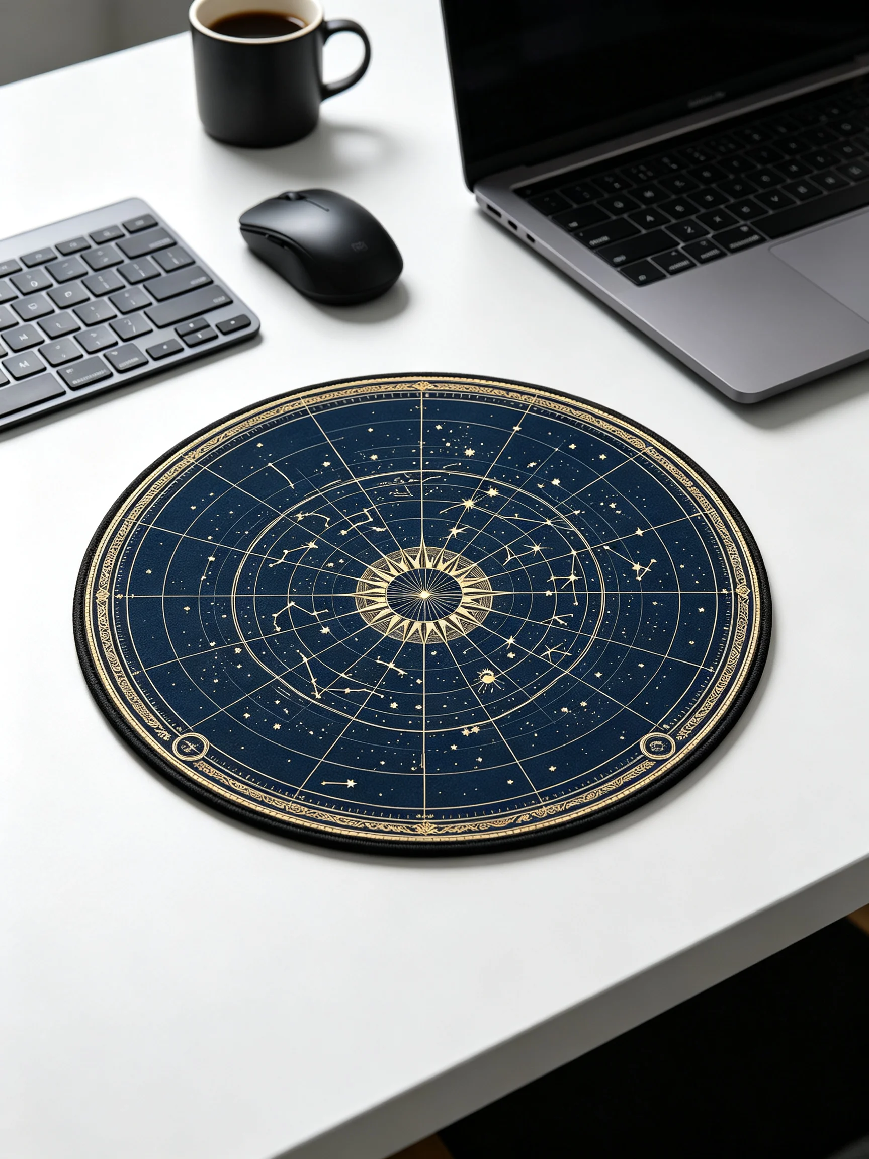 Vintage Golden Zodiac Star Chart Round Mouse Pad Anti‑Slip Rubber Desk Mat Astrology Lover Office Decor Gift