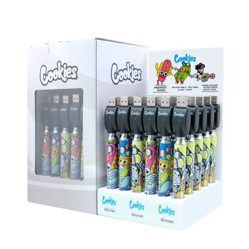 

30Pcs Cookies Preheat VV Cartoon 900mAh Bottom Voltage Adjustable Battery Usb Charger Vape Pen for 510 Cartridge A Display Box