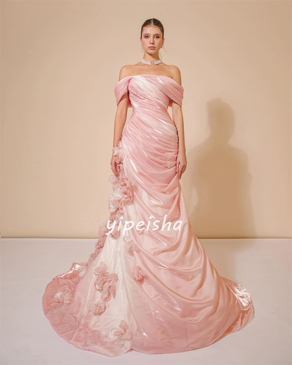 Pastrol Satin Flower Ruched A-line Off-the-shoulder Long Dresses Celebrity Dresses Unisex Chinese Style Formal Casual Simple