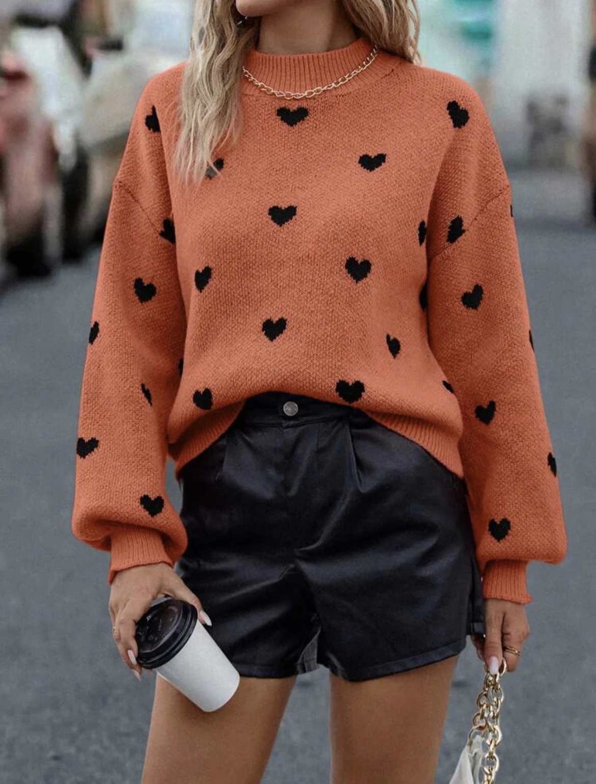 Cute Black Heart Graphic Sweater Drop Shoulder Long Sleeve Casual Sweater For Fall & Winter Women\'s Clothing