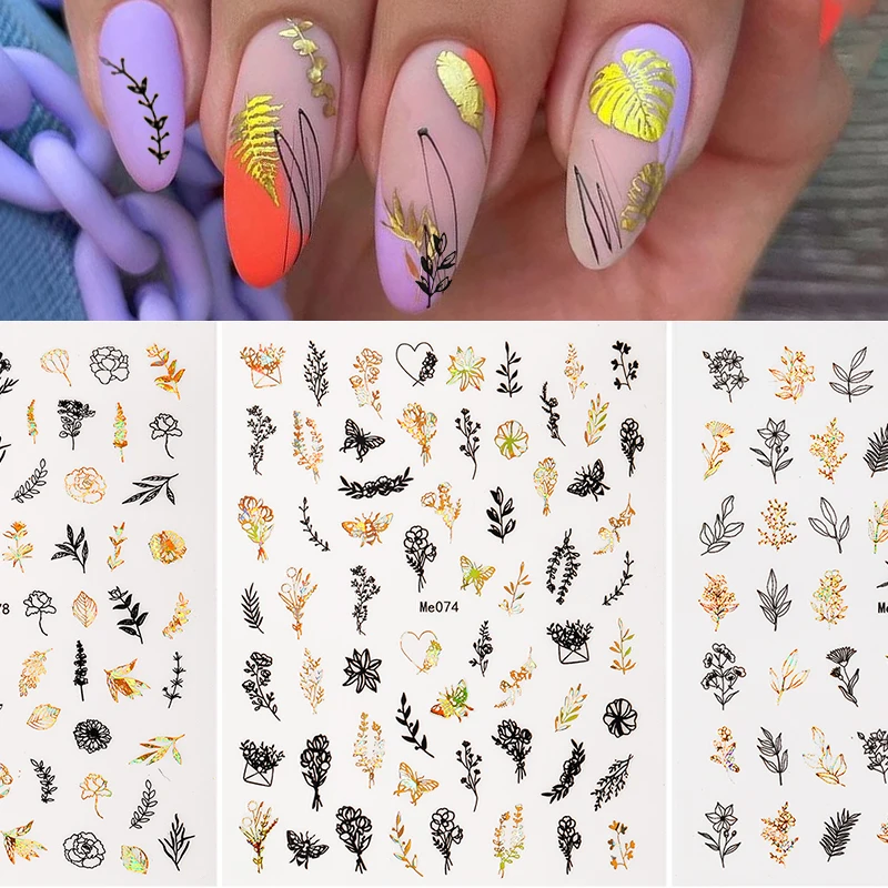 1 Pc 3D Nail Stickers Leaves Sliders for Nails Gold White Bronzing Flowers Gradient Adhesive Sticker Nail Design Art Decorations