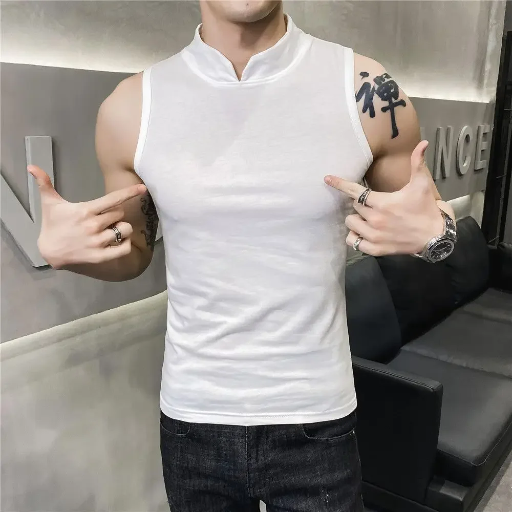 Men\'s Summer Sexy Vest Small High Collar Breathable Sports Fitness Bottom Undershirt Sexy Slim Fit Tight Sleeveless Top T-Shirt