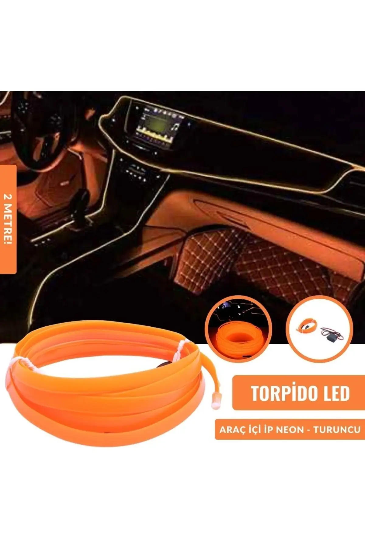 Corda LED Neon para carro, 2 metros, 12 V, laranja