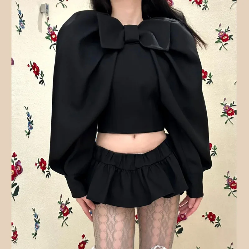 Designer Brand Big Bow Bubble Sleeve Puffy Club Top Sweet Kawaii Clothes Ruffless Sexy Mini Shorts Blue Black Set 2023 New