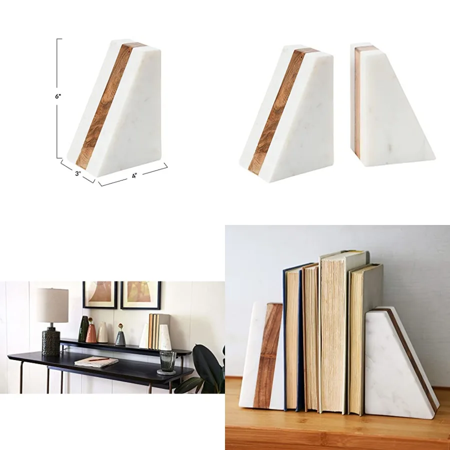 

Elegant Marble Geometric Bookends with Wood Inlay for Modern Home Office and Living Room Decor Stylish and Functional Bookend S
