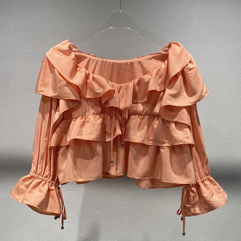 

Niche 2025 spring and summer new ruffled deep V lace-up shirt hundred short blouse women