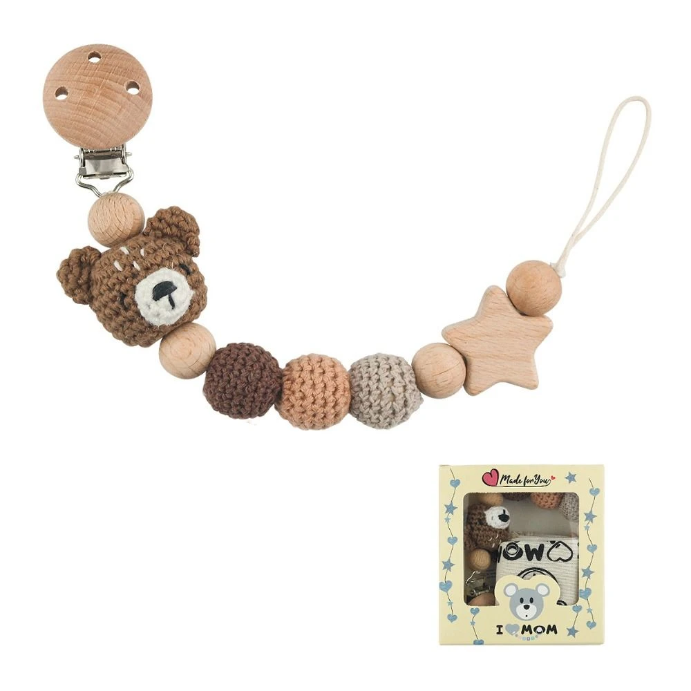 Nipple Holder Clips Wood Baby Pacifier Chain Pacifier Holder Clips Baby Teether  Straps Crochet Animal Pacifier Clips