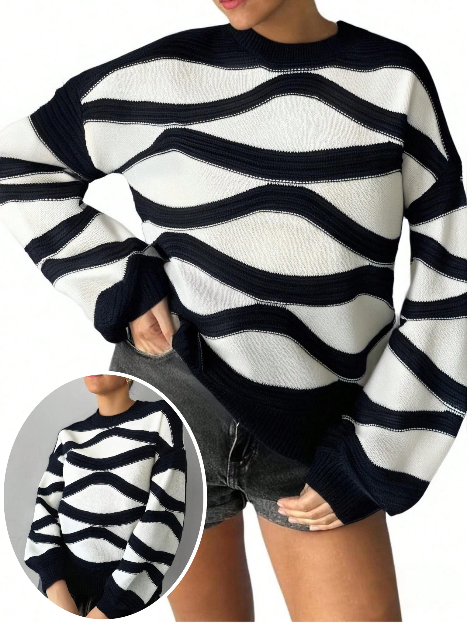 

Plus Size 3D Jacquard Pullover, Crew Neck Long Sleeve, Textured Wave Stripes, Autumn Winter Casual Wear