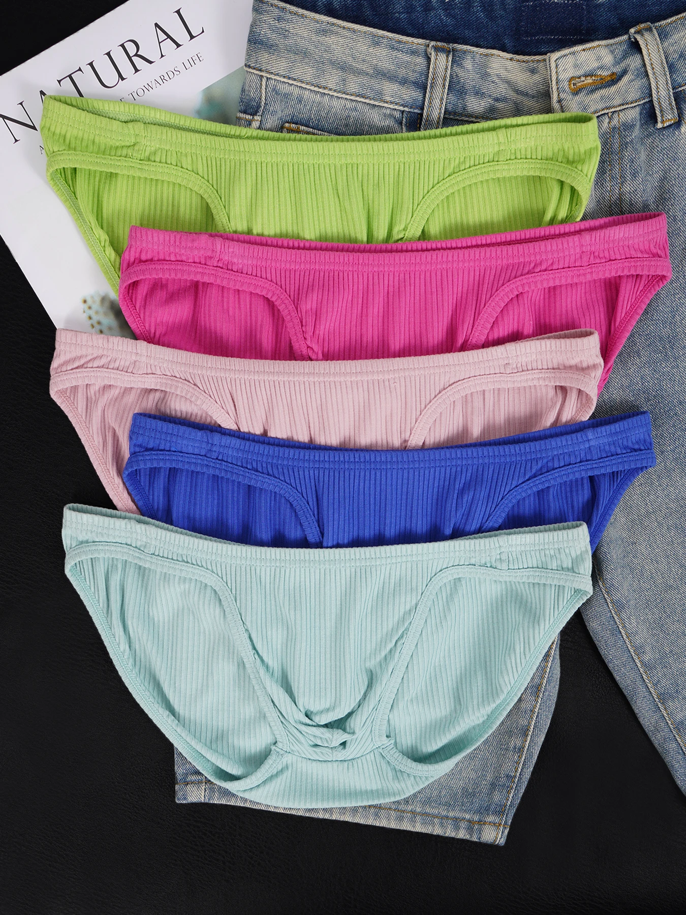 

5 PCS Men's Cotton Ribbed Low Rise Briefs, Convex Pouch Solid Color Skinny Breathable Underwear