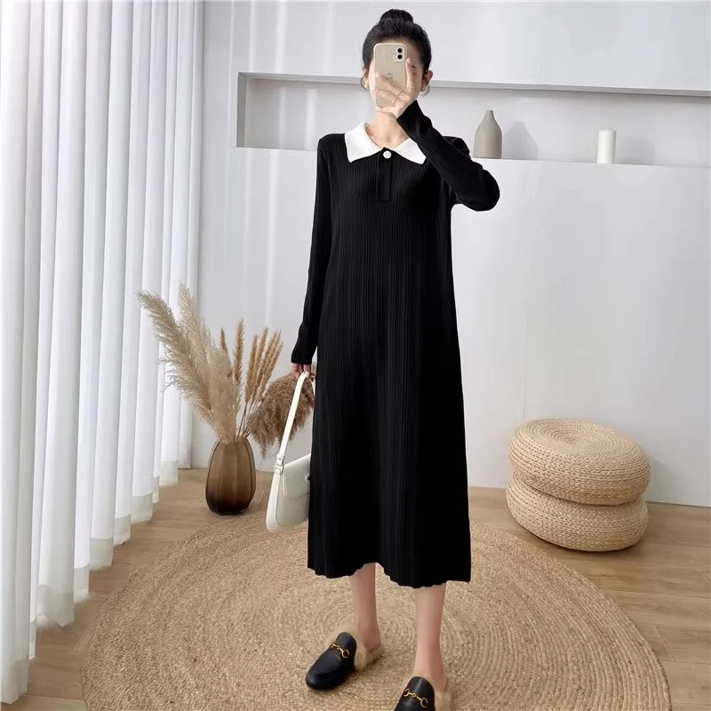 

Elegant Knitted Women's Long Dress Long-Sleeved Party Fashion Office Lapel Neck College Style Lady Vestidos Dresses Long Skirt