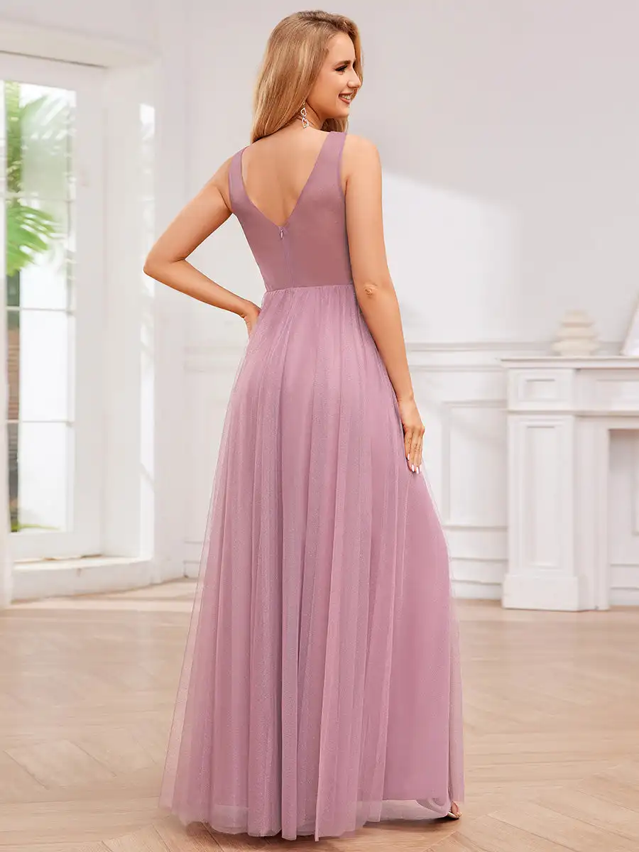 Elegant Evening Dresses Glittering High Slit Sleeveless Empire Waist 2024 Ever Pretty of Orchid Shiny Bridesmaid Dress