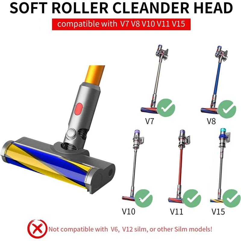 For Dyson V7 V8 V10 V11 V15 Vacuum Head Cleaners With Dust Detector Light, Soft Roller Cleaner Head Accessories