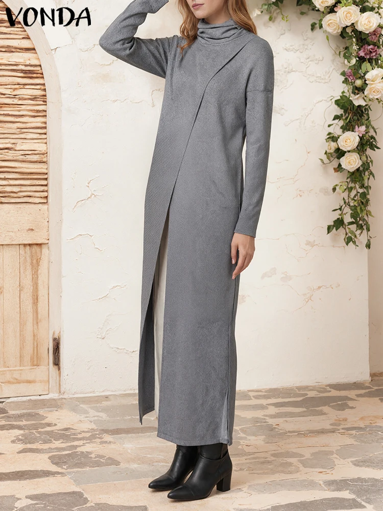 

Plus Size 5XL VONDA Women High Collar Sweaters 2025 Autumn Casual Long Sleeve Long Pullovers Elegant Split Patchwork Jumpers