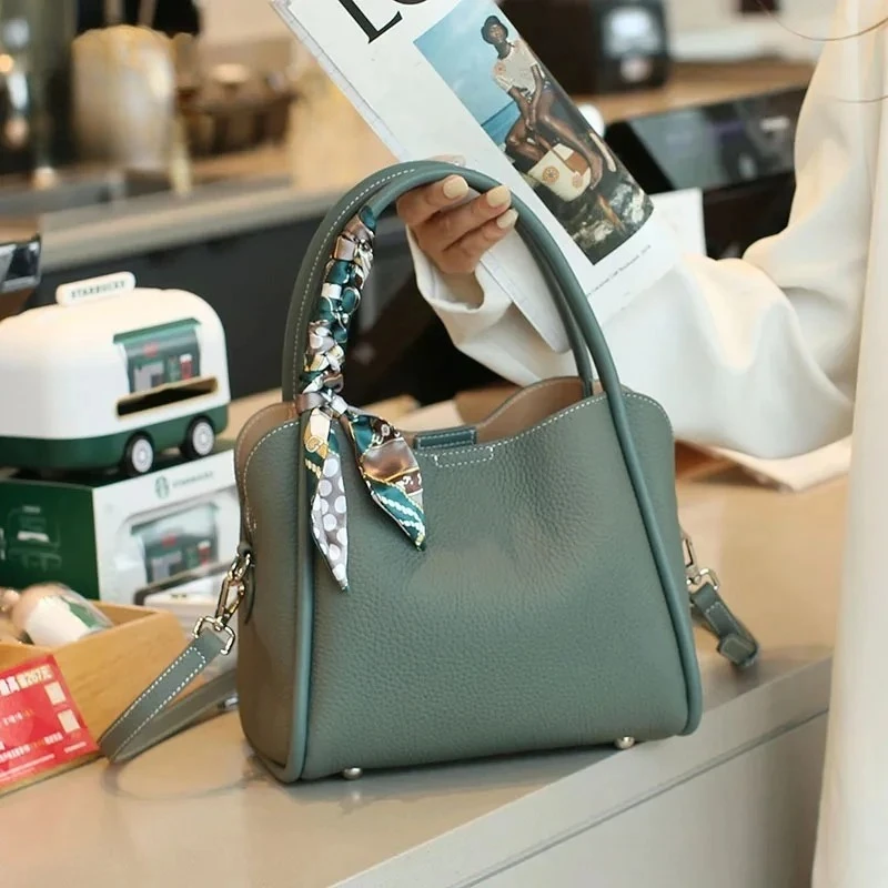 Female genuine cow leather bag for women bag blue Handbag New Crossbody Bucket Bag luxury Shoulder bag tote bag medium
