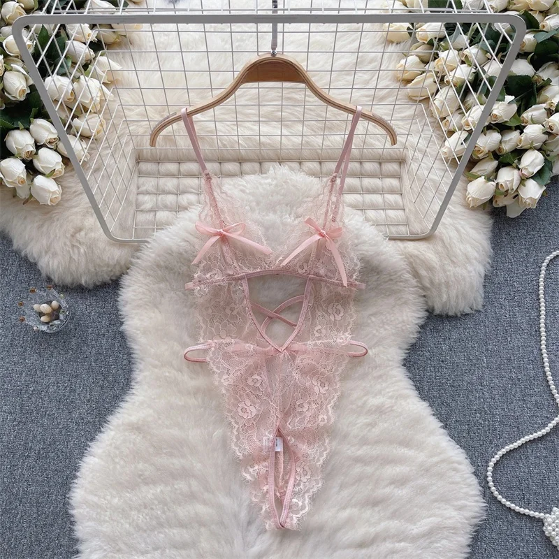 Sweet Solid Lace Women's Sexy Lingerie Cross Strap Bow Hollow Bodysuit One Piece Slim Fit Erotic Backless Catsuit Romper Pajama