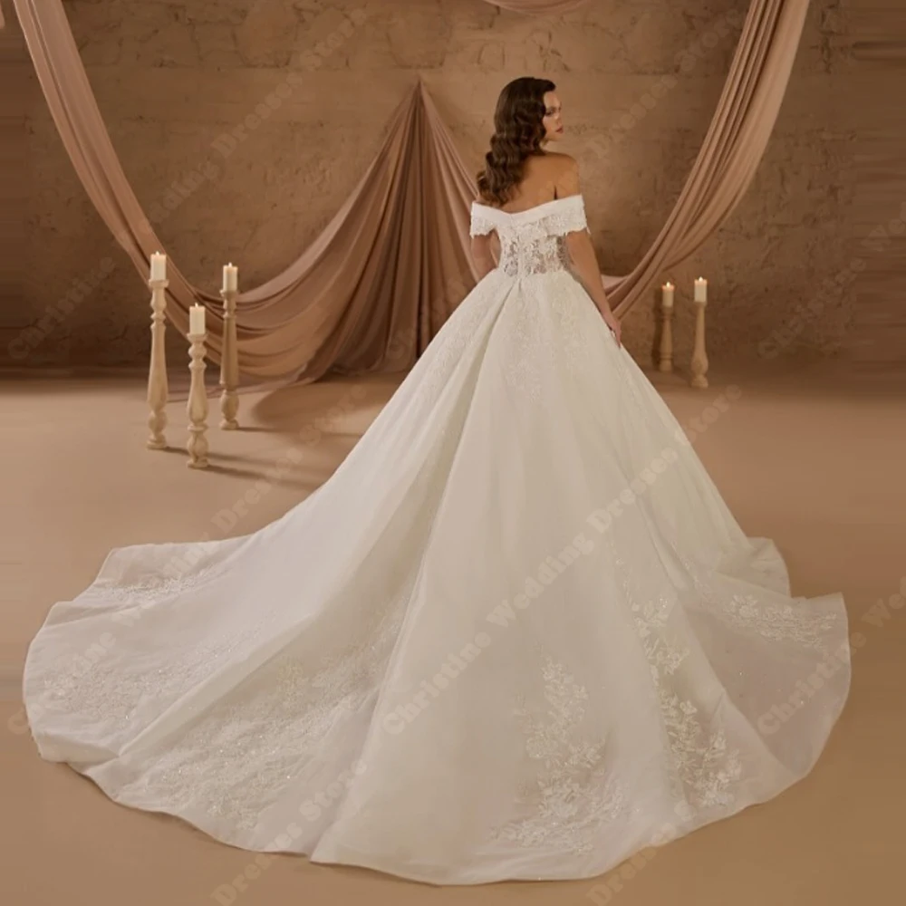Shining A-Line Women Wedding Dresses Elegant Lace Flower Print Bride Gowns Mopping Length Vestidos De Novia Para Boda Customized