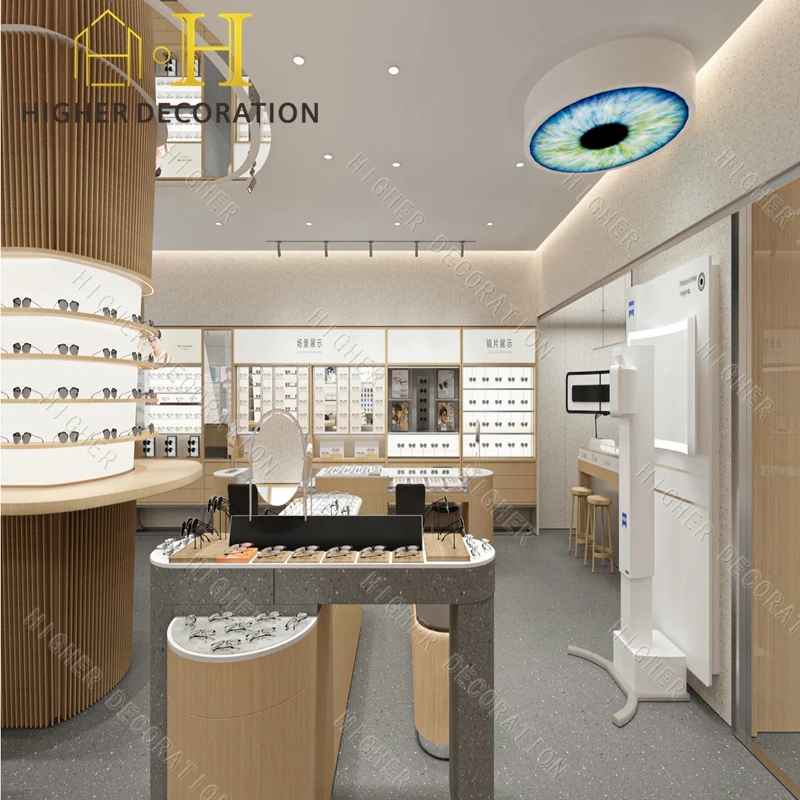 custom.Wooden Wall Glasses Shop Furniture Glass Optical Display showcase with LED Eyewear Display Cabinet