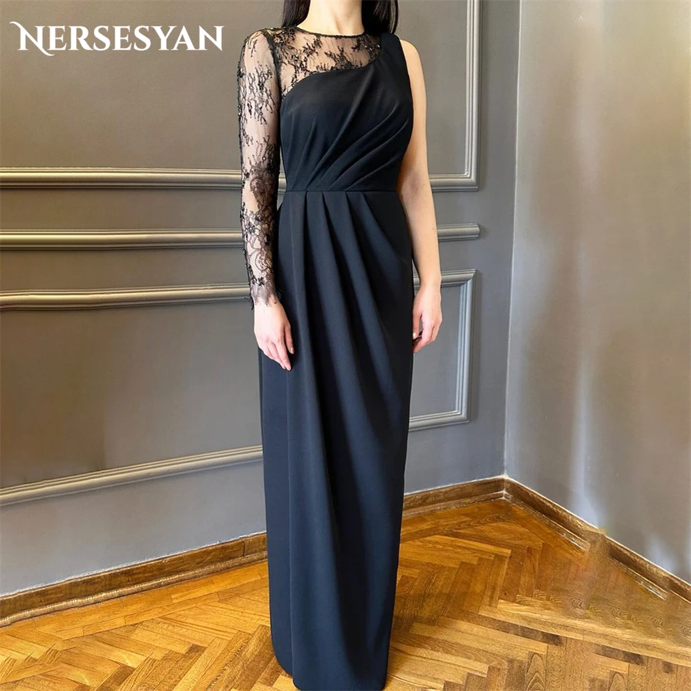 

Nersesyan Black Lace Mermaid Evening Dresses O-Neck Pleats Satin Floor Length Prom Dress For Wedding Party Gowns Free Shipping