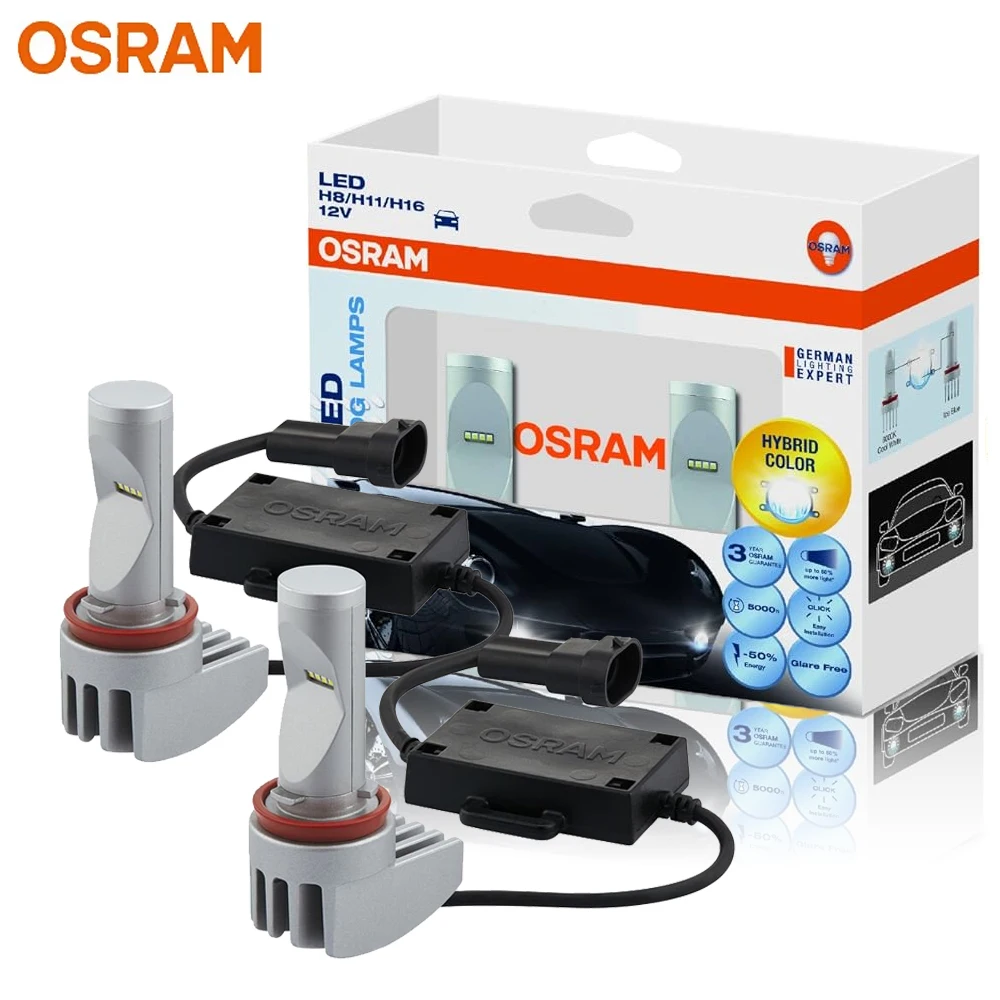 OSRAM LED Fog Lamps PGJ19 H8 H11 H16 6000K White & Blue HYBRID Color Light +50% Bright Car LED Bulbs Glare Free 65219CW, 1 Pair