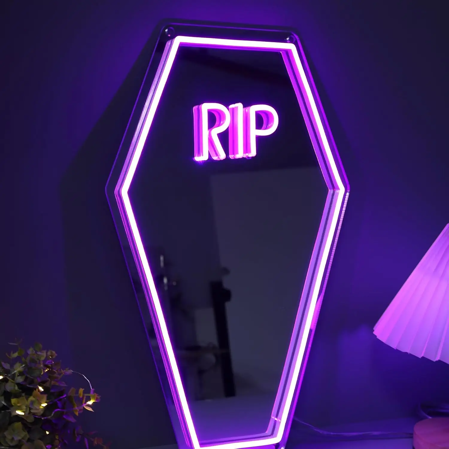 Coffin RIP Neon Mirror Signs, LED Neon Lights for Wall Room Decor, Halloween Gothic Lover, Party Gift