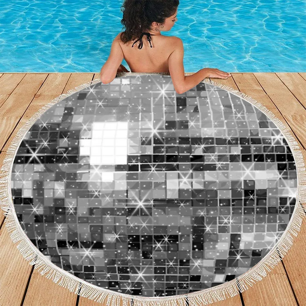 Quick Drying Round Beach Towels Twinkle Silver Disco Ball All Over Pattern Oversized Printing Towel Super Absorbent Pool