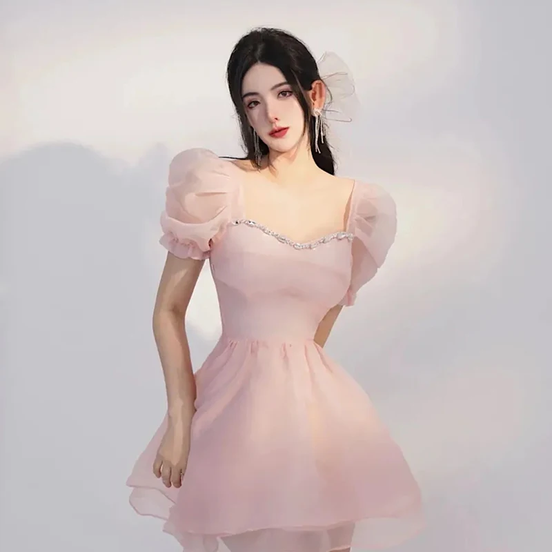 

Sweet Fairy Dress with Ruffles for Women, Korean Fashion, College Dress, Young Girl, Beading, A-LINE, Mini, Birthday Party