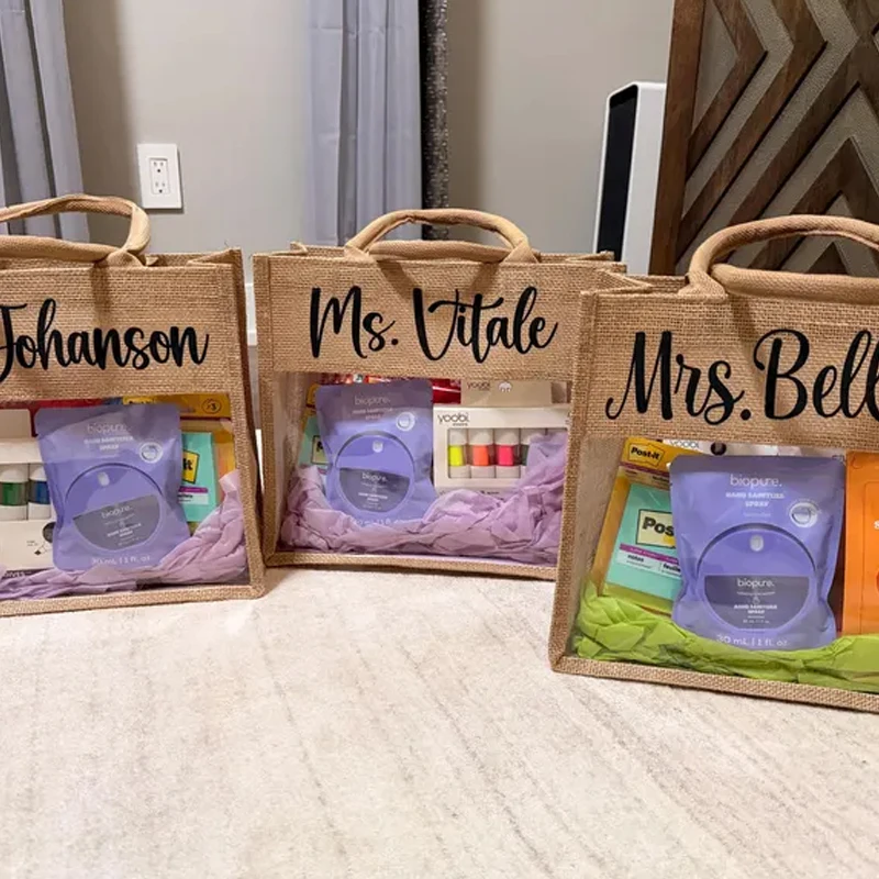 

Personalized Burlap Tote Bag with Clear Window Teacher's Day Appreciation Gifts Reusable Shopping Bag Back To School Accessories