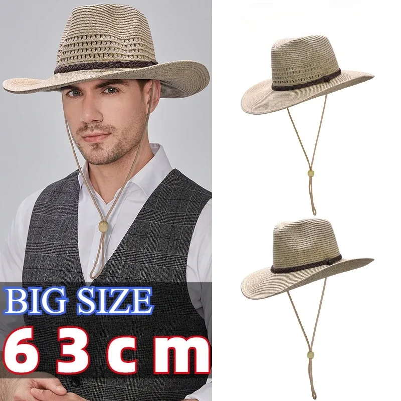 Big Size XL 62cm Panama Jazz Straw Hat for Women Men Hollow Out Summer Beach Sun Hat  Foldable Windproof Rope UV Sunscreen Hat