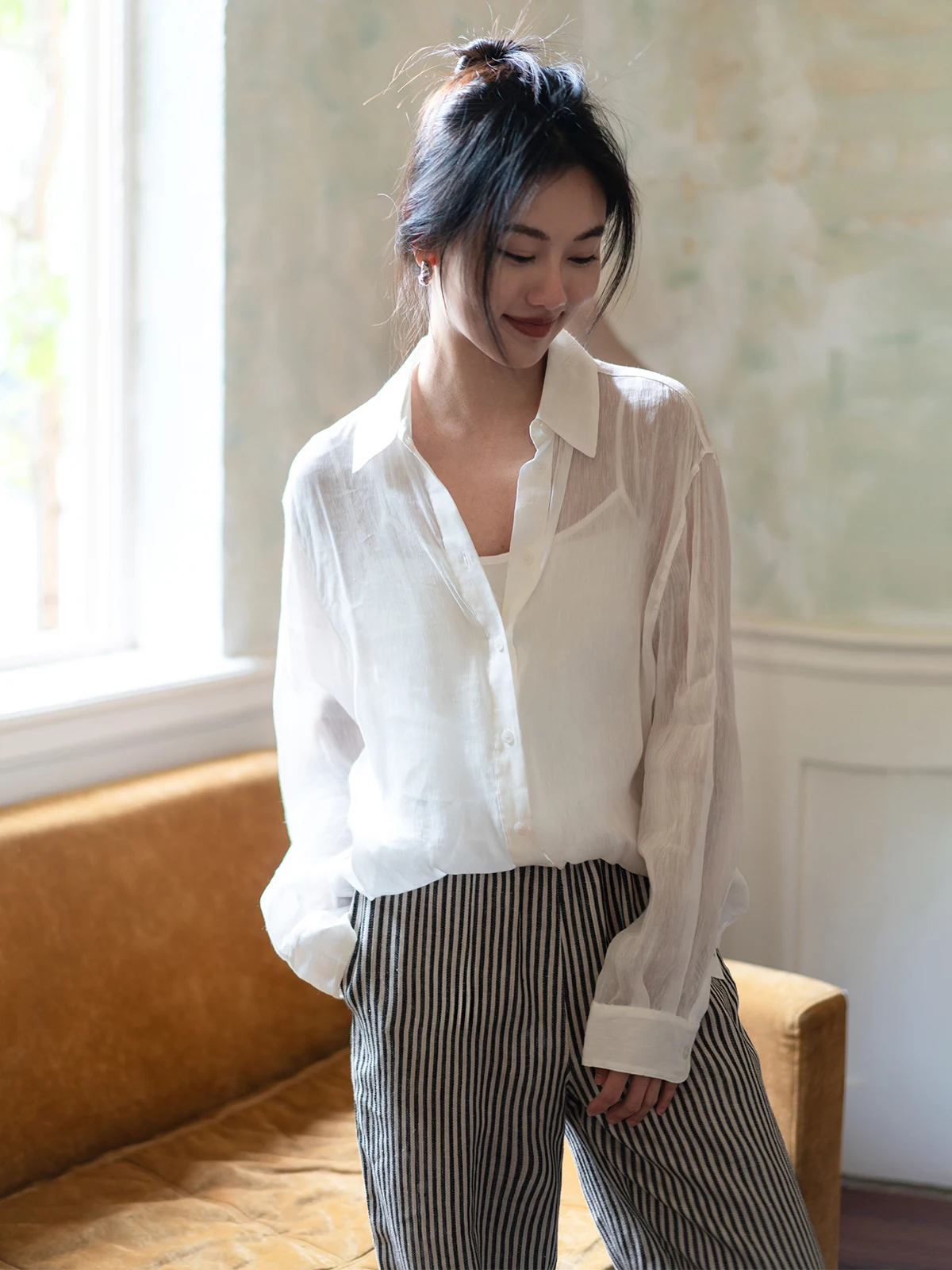 

High-End Silk Linen Texture irt Two-Piece Set Loose Fit Faionable White Blouse Breathable Comfortable Women's irt