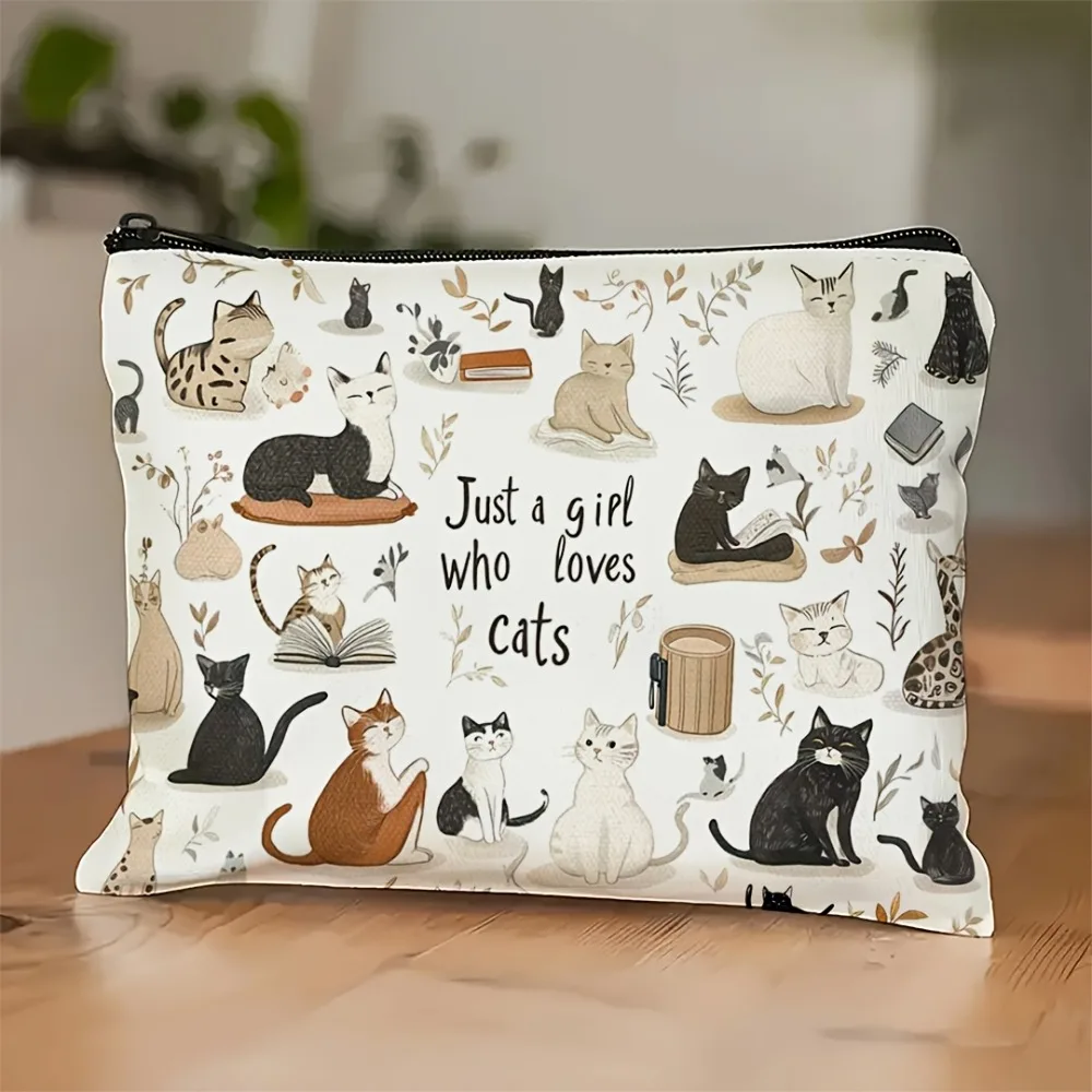 Cat Canvas Cosmetic Bag Zipper Pouch with Kitty Print Who Loves Cats Portable Travel Toiletry Case Pet Lover Gift Accessories