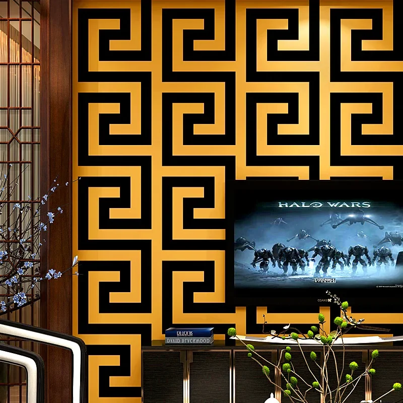 Greek Key Lattice Modern Geometric Texture Flocked 3D Wallpaper Hotel Study Living Room TV Background Non Woven Wallpaper Rolls